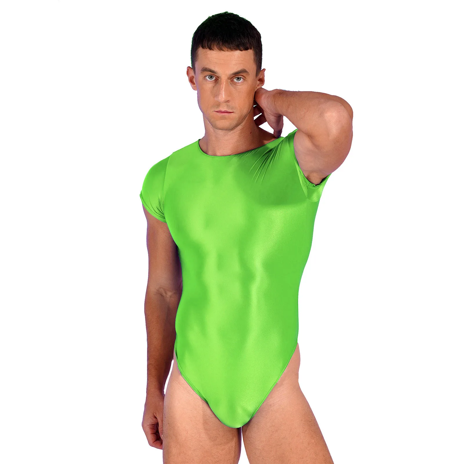 Mens Glossy Round Neck High Cut Bodysuit Swimwear One Pieces Solid Color Short Sleeve Leotard Gymnastics Bodybuilding Fitness