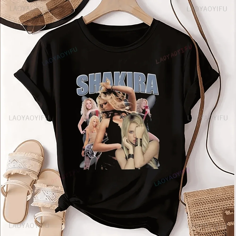 Vintage Singer Shakira Printed T-shirt Top Neutral Trend Harajuku Short Sleeved Unisex Shirt Pattern Large T-shirt