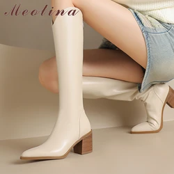 Meotina Women Genuine Leather Knee High Gogo Boots Pointed Toe Block High Heels Zipper Western Cowgirl Boots Ladies Winter Shoes