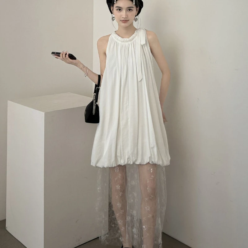 French Design Sleeveless White Temperament Summer Hanging Neck Mesh Stitching Women's Lantern Dress