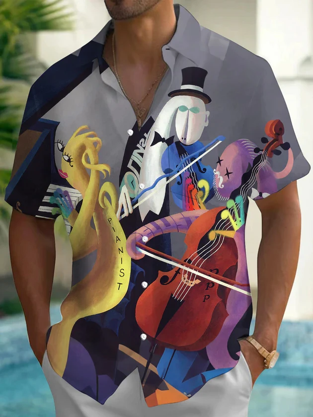 Retro Mid Century Cocktail Party Figure Disco Ball Print Mens Summer Casual Short Sleeve Lapel Fashion Tops Men Clothing