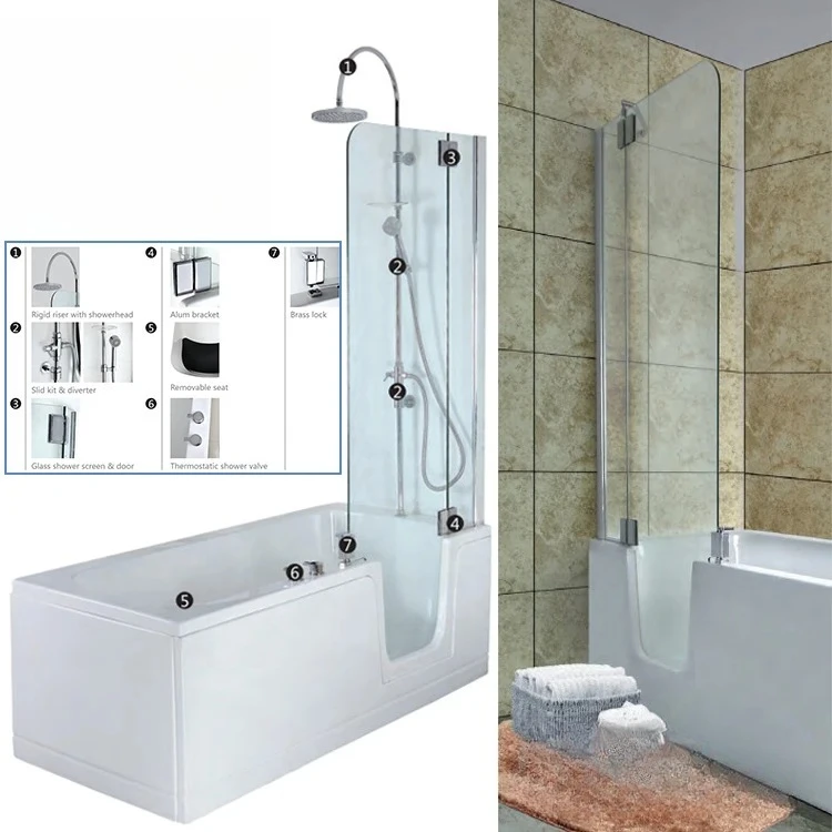Modern Shape Cheap Acrylic Walk  Bathtub Adult Soaking Shower Space Saver