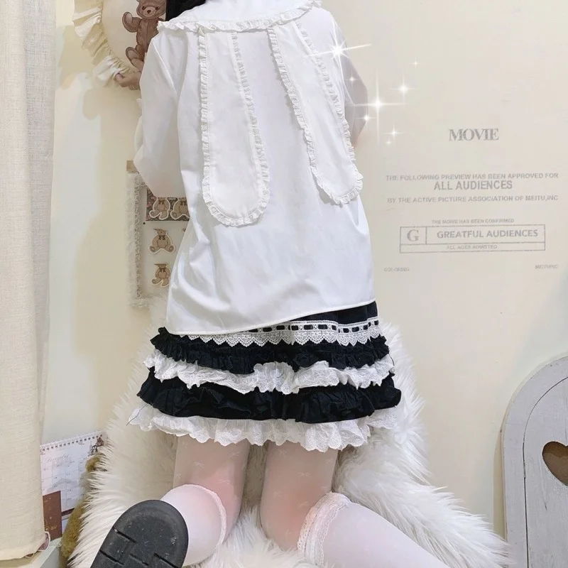 QWEEK Kawaii Shirts Harajuku Women\'s Blouses Japanese Lolita Style Bunny Ears Lace Sweet Soft Girl White Loose Long Sleeve Tops