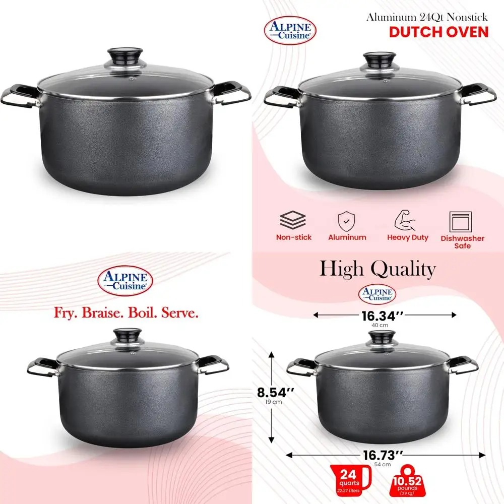

Alpine Cuisine 24 Quart Non-stick Stock Pot with Tempered Glass Lid and Carrying Handles, Multi-Purpose Cookware Aluminum Dutch