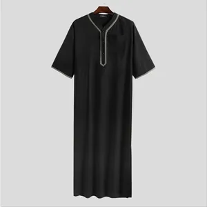 Homens muçulmanos jubba thobe cor sólida botão quimono médio robe saudita musulman camisa gola árabe islâmico kaftan masculino abaya 8 principais vendas roupa masculina de dubai - №7
