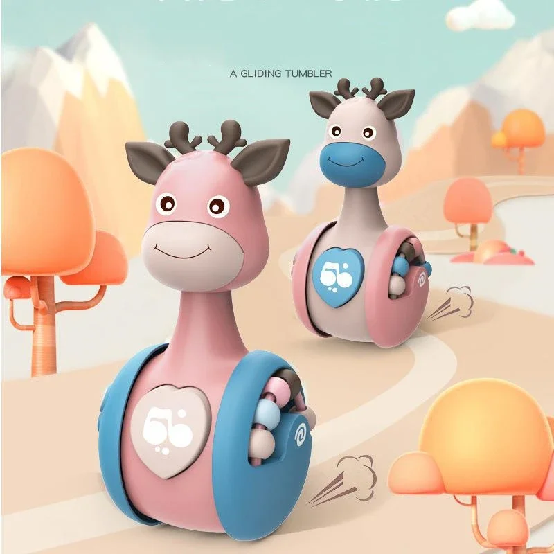 Sliding Deer Baby Tumbler Rattle Learning Education Toys Newborn Teether Infant Hand Bell Mobile Press Squeaky Roly-Poly Toy