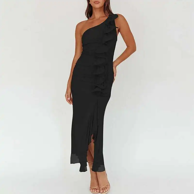 Sexy Backless Slim A-Line Casual Ruffled Irregular Beach Long New 2025 Summer Lady Slanted Collar Draped Split Dress