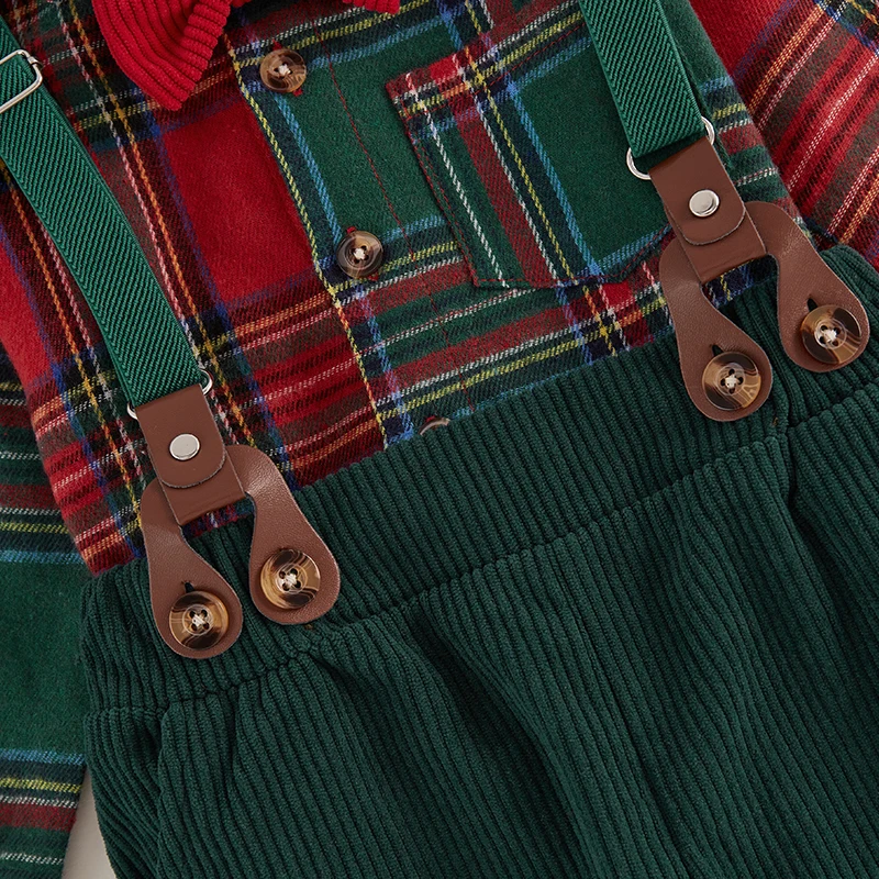 2024-07-26 Lioraitiin 1-7Y Kids Boy Gentleman Outfit Christmas Plaid Print Button Long Sleeve Shirt and Suspender Pants Set