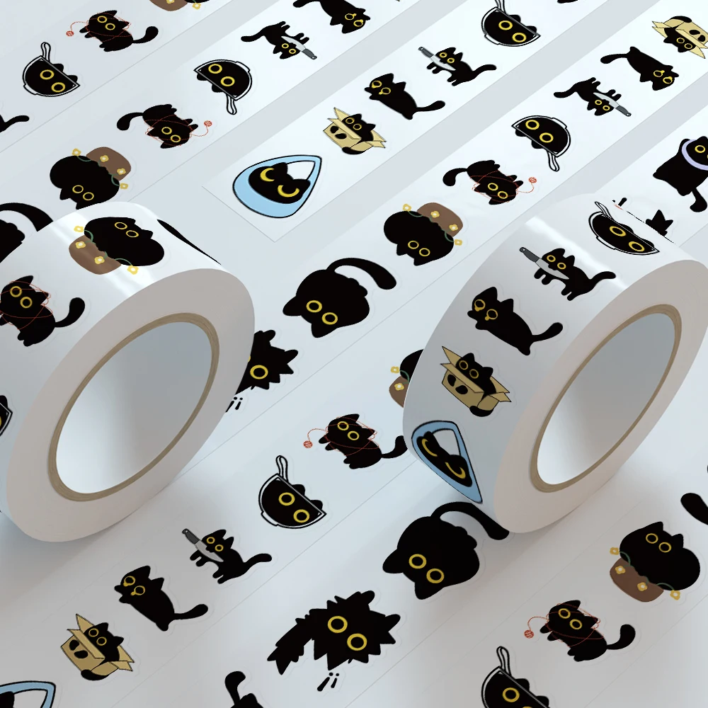 500PCS Black Cat Sticker Rolls Funny Cartoon Cat Meme Cute Label Decals Crafts for Laptop Guitar Skateboard Decor School Rewards image 2