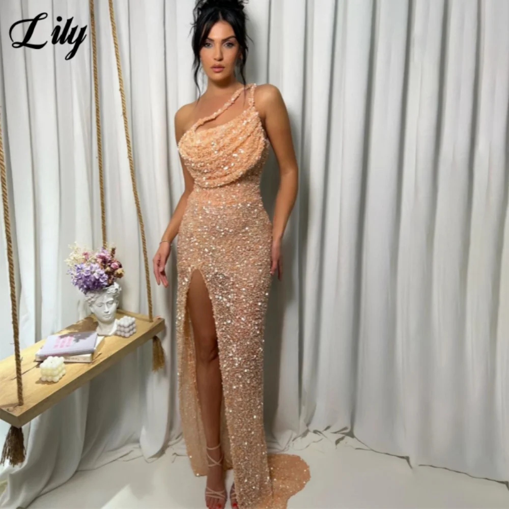 

Lily Sexy Glitter Mermaid Evening Dresses Ruched One Shoulder Sparkly Backless Prom Dress High Side Split Prom Gown Customized