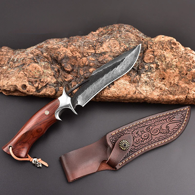 Outdoor Damascus straight knife, survival knife, portable EDC fixed blade knife with knife sleeve gift box, camping knife