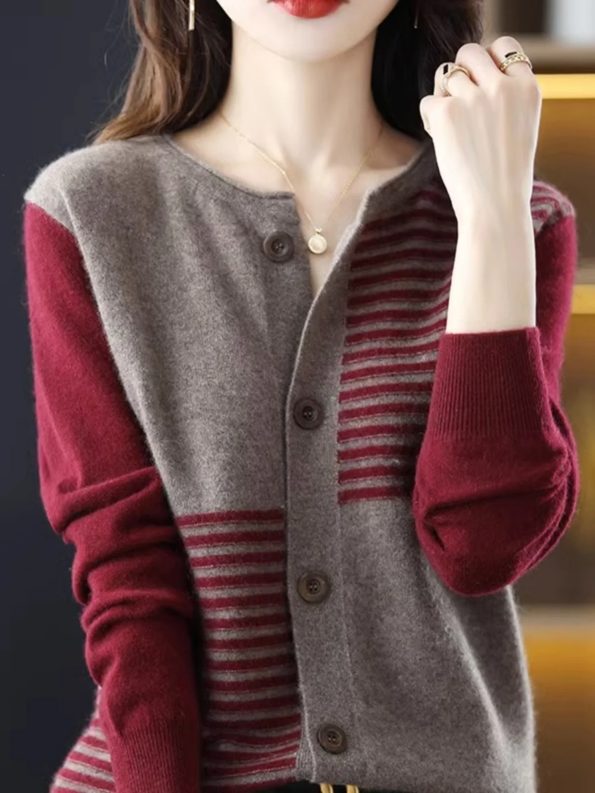 

Loose Long Sve round Ne Knitted Cardigan Women's Faion Korean Sle Patchwork Color Sweater Coat for Early Autumn