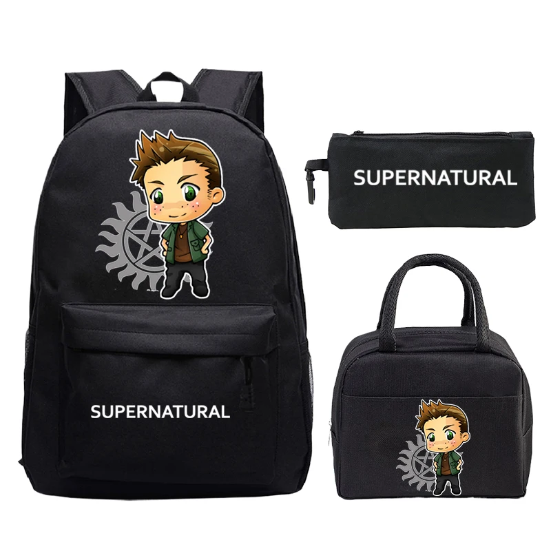3Pcs Supernatural Print Backpack Set With Lunch Bag,Pencil Case Lightweight Outdoor Bookbag TV SPN Cartoon Boys Girls Schoolbag
