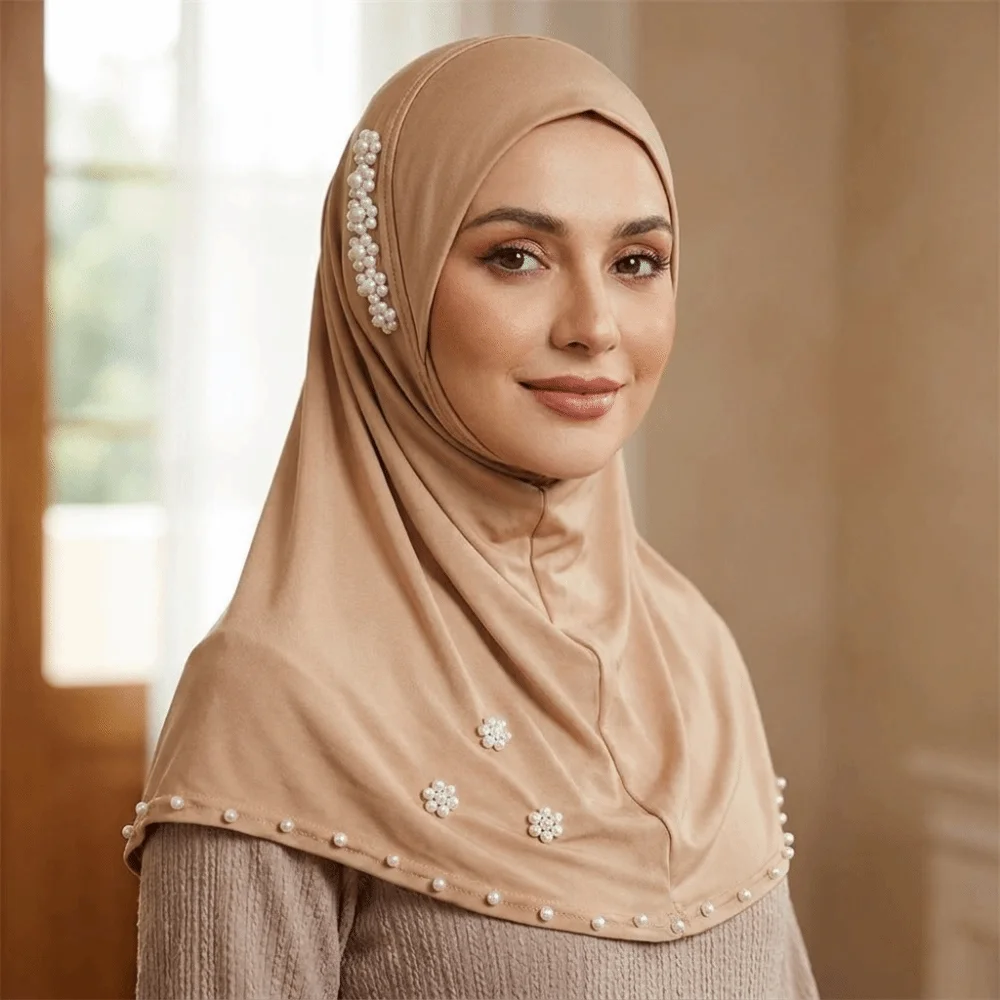Breathable Imitation Pearl Beads Bonnet Hijab Easy Wear Comfortable Instant Stretch Head Scarf Solid Color Pearl Flower