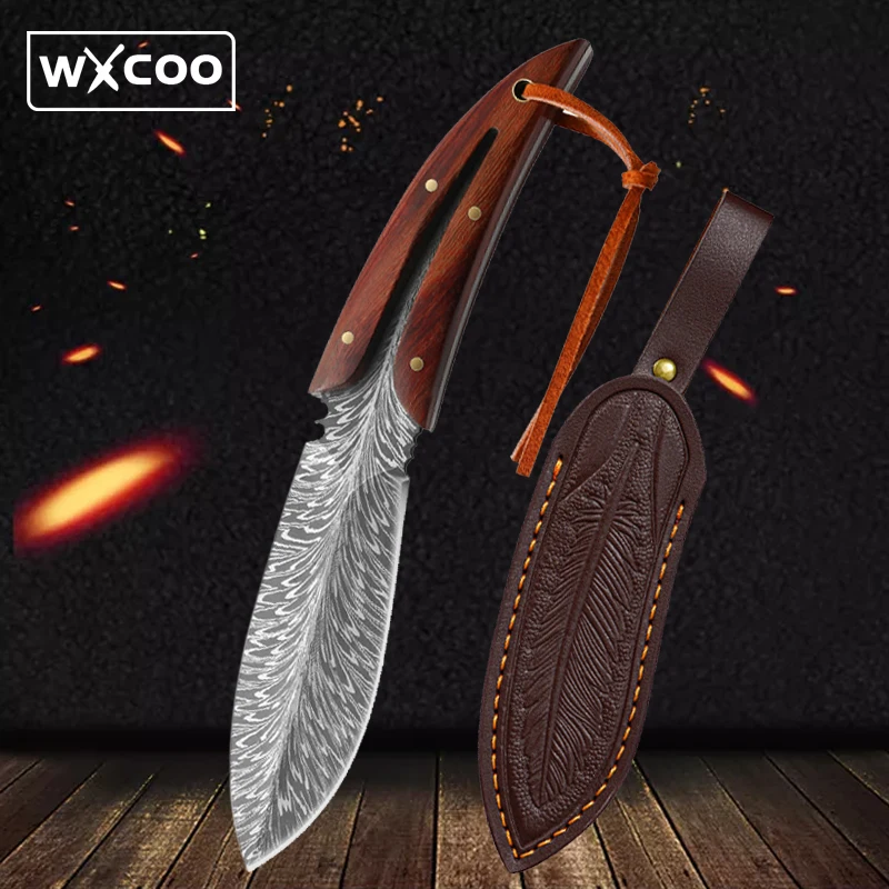 Multi-Purpose Kitchen Boning Knife Feather Pattern Knife with Sheath Stainless Steel Fruit Meat Cleaver Butcher Forged Knives