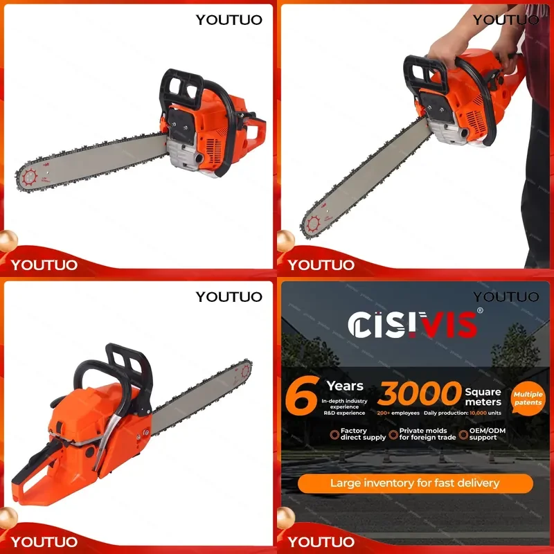 52cc Petrol Chainsaw 1.9KW 2-Stroke Gas Powered Chain Saw 20 Inch Bar Wood Cutting Logging Tool  Garden Yard Tree