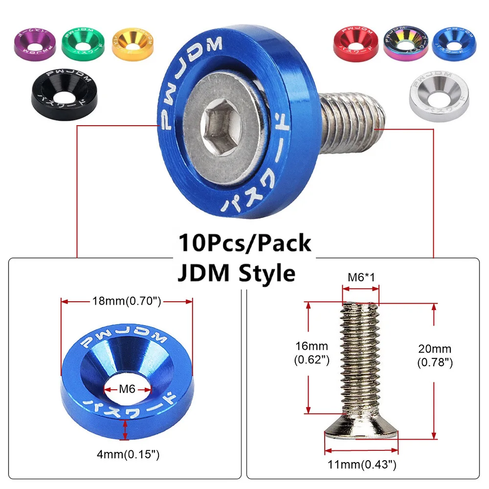 HQ 10Pcs M6 Aluminum Fender Washers With Bolts JDM Universal Car Bumper Engine Bay License Plate Fasteners Color Decor Screws