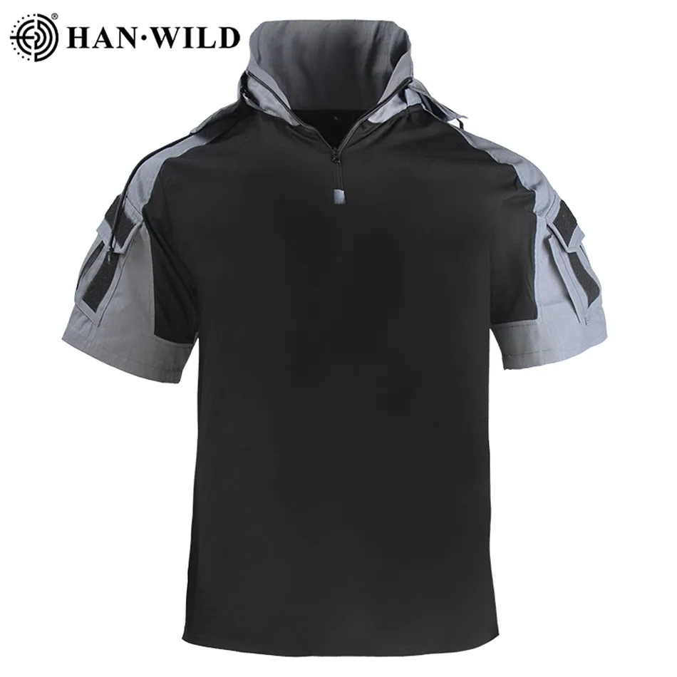 HAN WILD Tactical T-shirt Men Short Sleeves Outdoor Summer Climbing Hunting Shirt Men Training Combat Hood Shirt Frog Suit