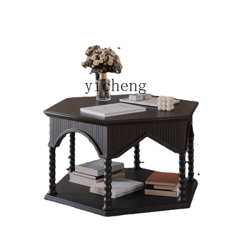 Tqh Solid Wood Hexagonal Coffee Table Retro Modern Coffee Table Simple Classical Black Tea Table