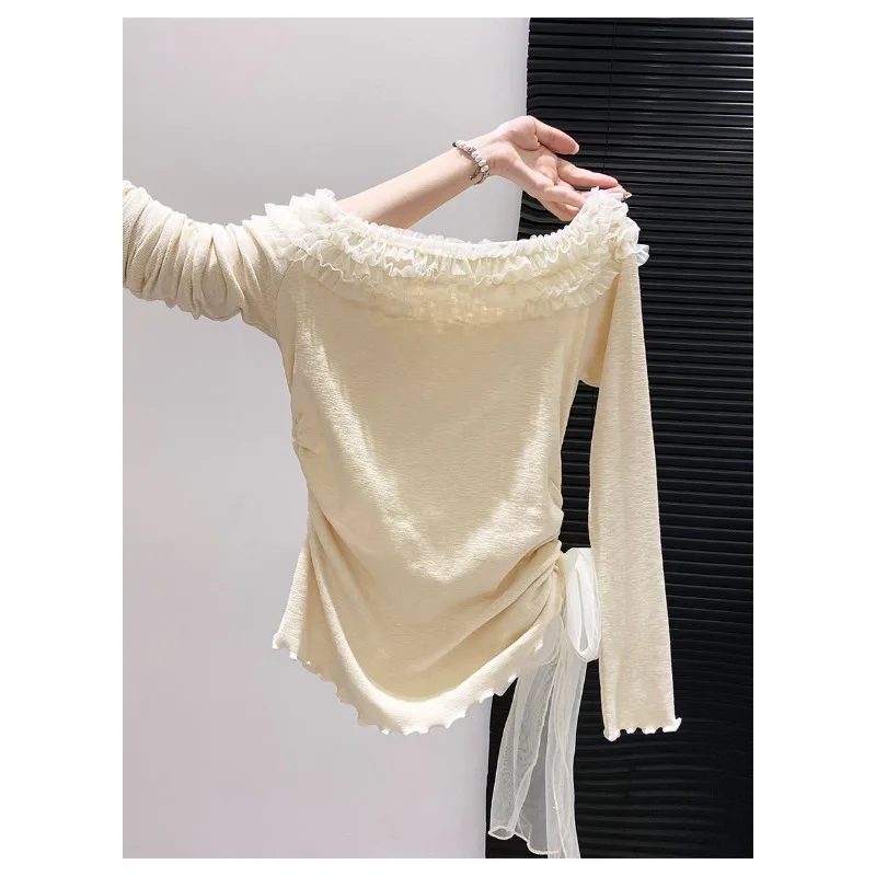 French Lace Ee One-line Collar Long-sleeved T-shirt for Women 2025 Early Autumn New Style Waist Slimming Short Top