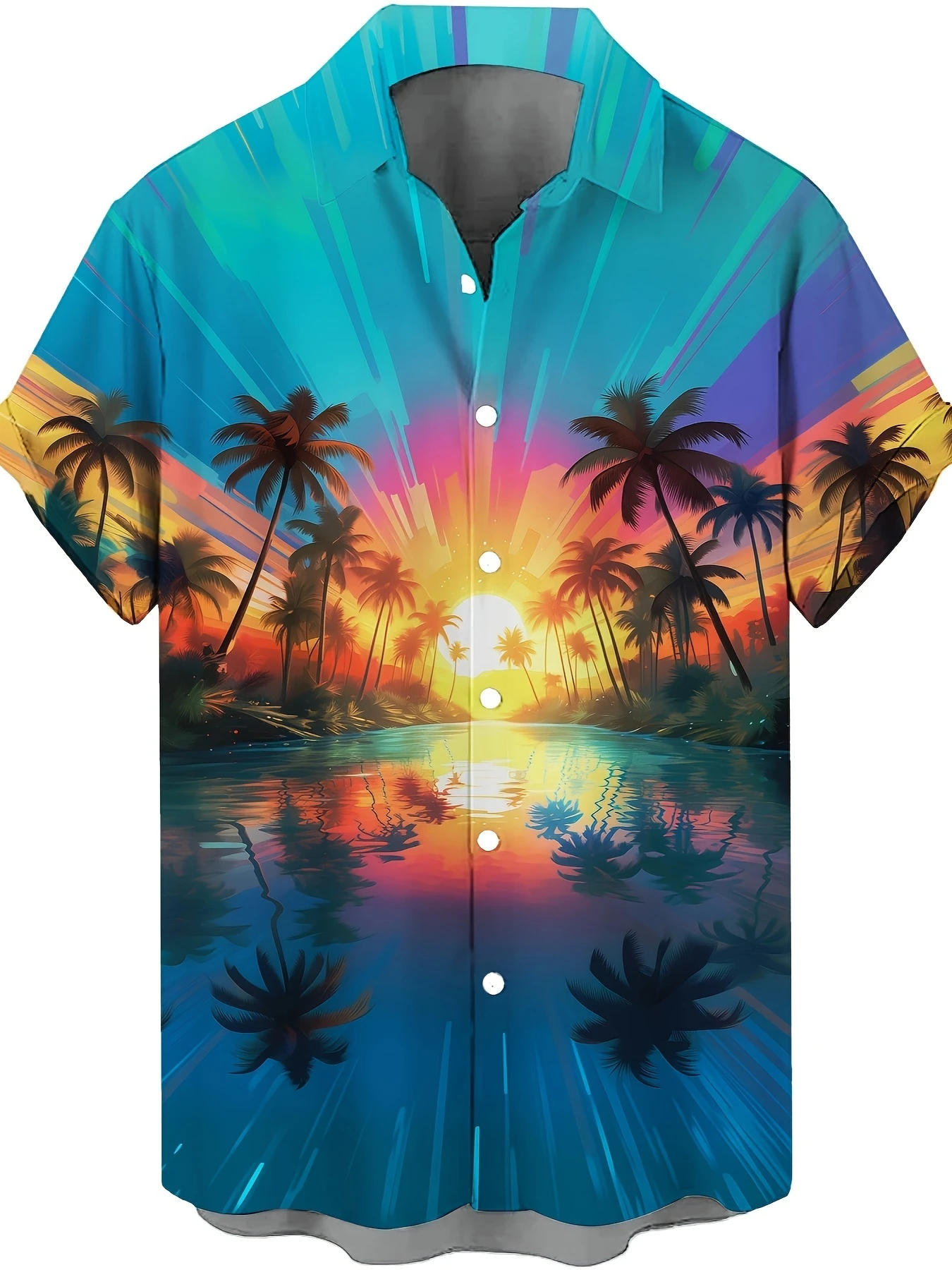 

Tropical Sunset Hawaiian Shirt For Men Button Down Colorful Palm Tree And Water Reflection Print Retro Daily Vacation Blouses