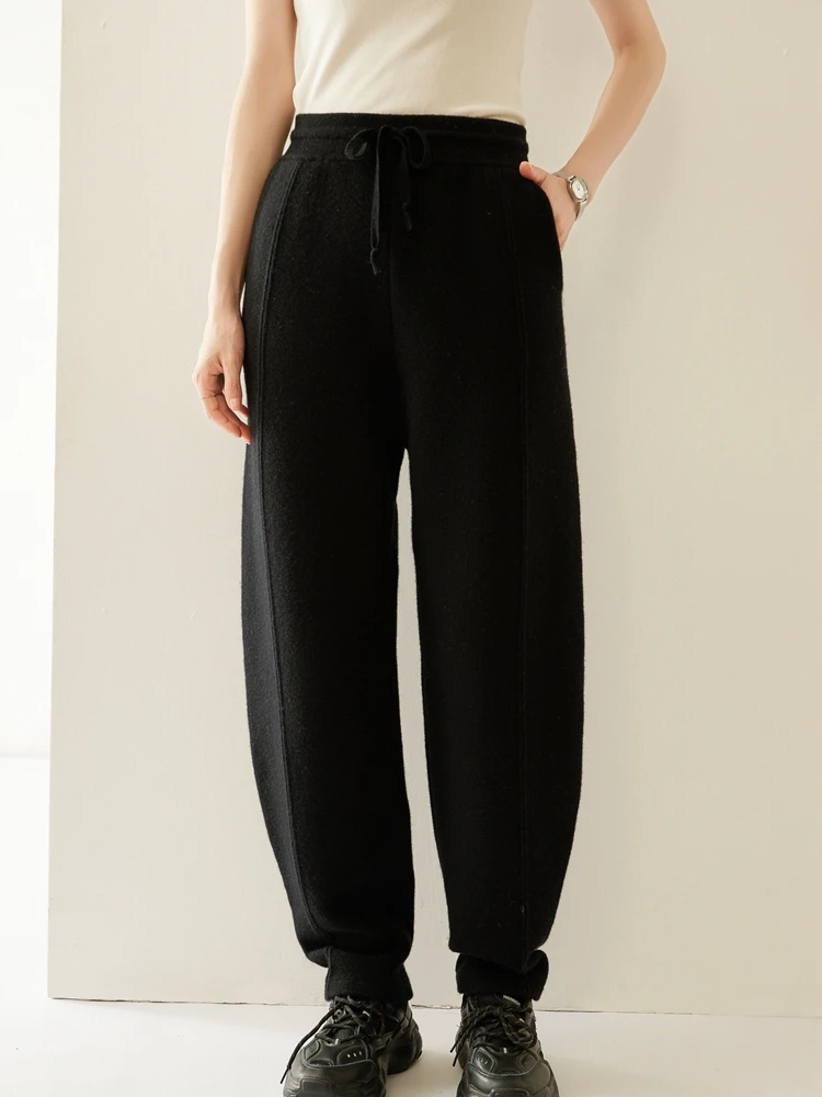 Pantaloni da donna in cashmere 100% di alta qualità Pantaloni a banana di classe Pantaloni a vita alta Pantaloni sportivi larghi Pantaloni a matita in cashmere da donna