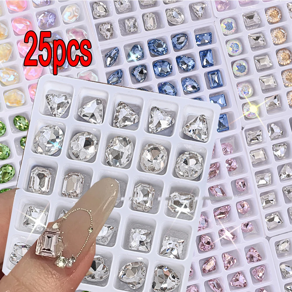 25 pz/scatola 3D Vetro Trasparente Strass Per Unghie Stile Coreano di Lusso Forma Mista A Punta Fondo Della Pietra Preziosa Del Chiodo Diamanti Gioielli Per Unghie