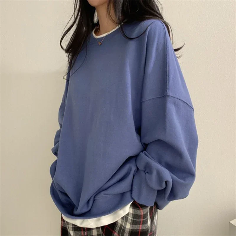 한국어 패치 워크 긴 소매 느슨한 까마귀 여성 Crewneck 간단한 특대 스웨터 여성 드롭 어깨 캐주얼 스포츠웨어 여성