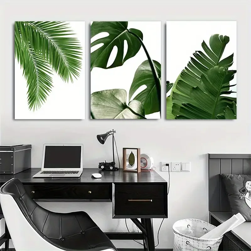 No Framed 3 Piece Green Tropical Leaf Canvas Painting Green Leaves Wall Art Monstera Leaf Palm Banana Print Posters Minimalist