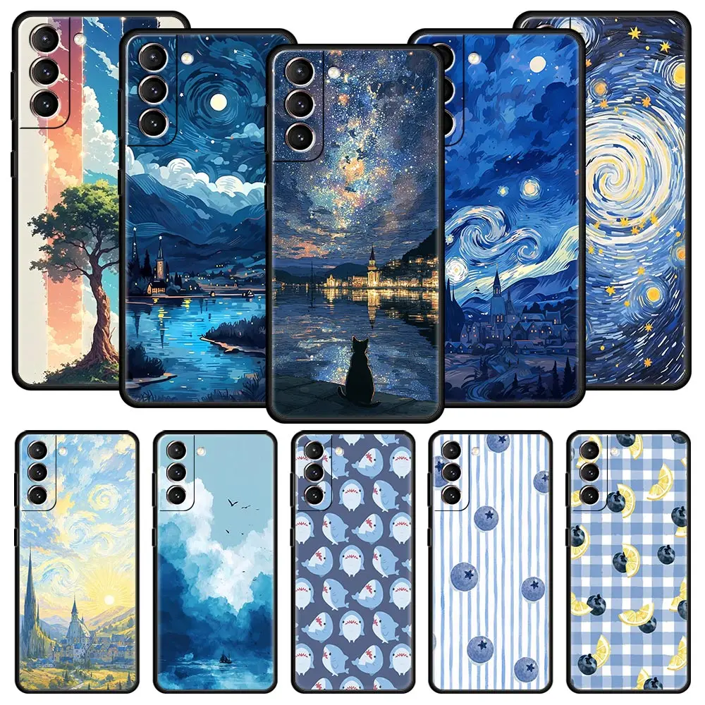 Cute Blue Pattern Phone Case For Samsung Galaxy S26 S25 FE S24 S23 S22 S21 Ultra S20 5G S10E Plus Protect Cover