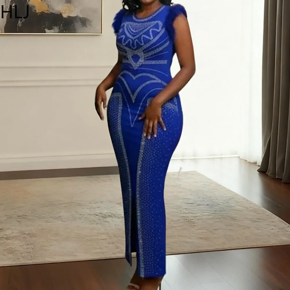 

HLJ Winter New Sexy Fur Rhinestone Patchwork Bodycon Dresses Woman Round Neck Sleeveless Dress Female Party Clubwear Vestidos