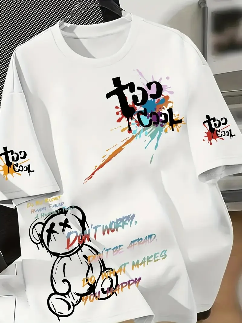A new men's T-shirt for the summer of 2025 featuring a casual and fashionable bear print pattern and breathable street style