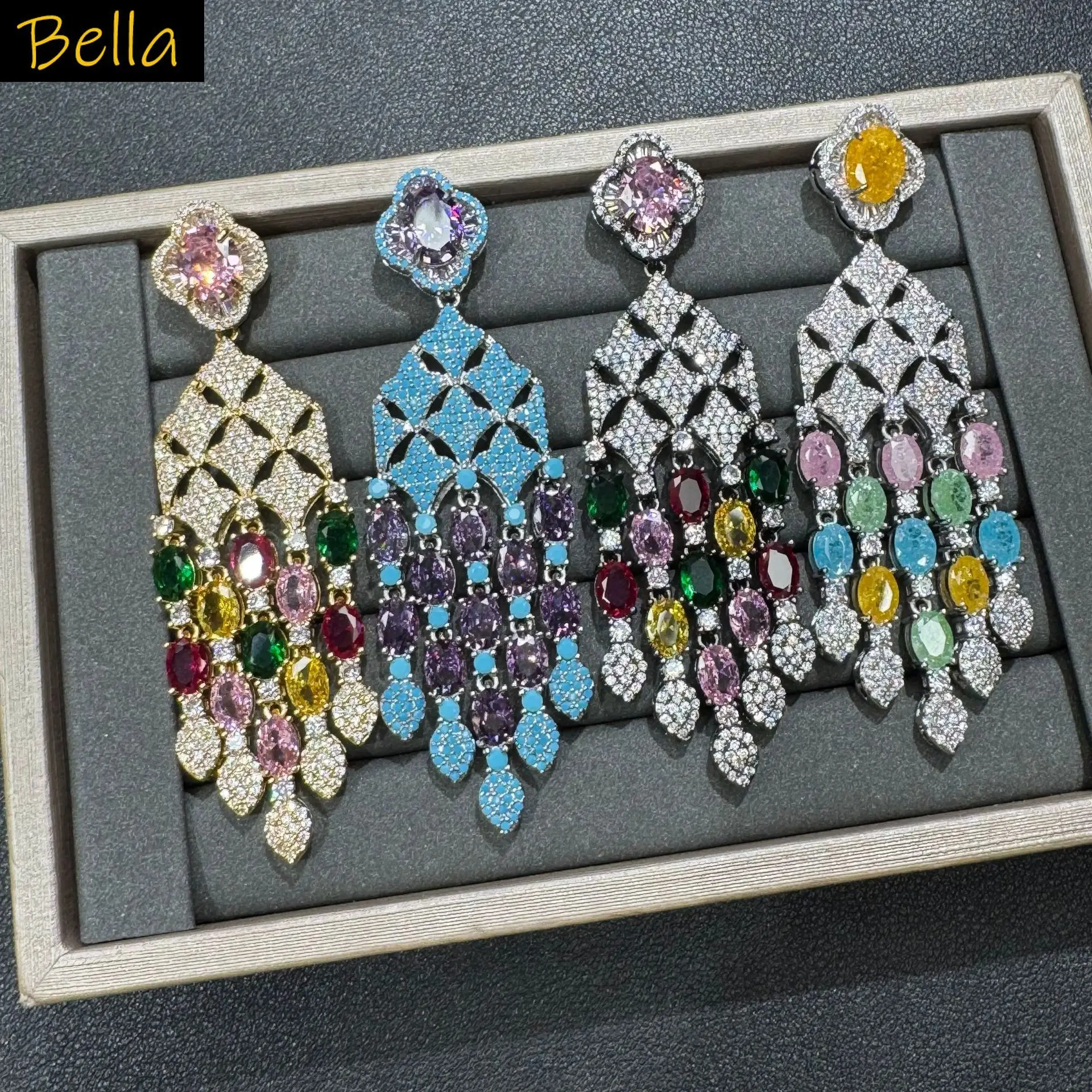 

Gorgeous cubic zirconia earrings for women jewelry long chain dangling earrings for gala event dinner party blue yellow white