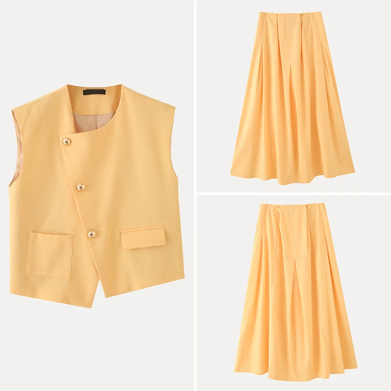 

Summer 2025 Women's Cotton Linen Asymmetrical Metal Bule Vest Skirt Set Long Pants ort Sve round Ne Buttoning Faion