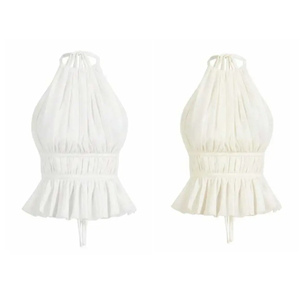 Prosty, bezrękawnikowy top na ramiączkach z koronką, plisowany, szyfonowy, typu halter, kamizelka, odzież plażowa, jednolity kolor, damski crop top na imprezę.
