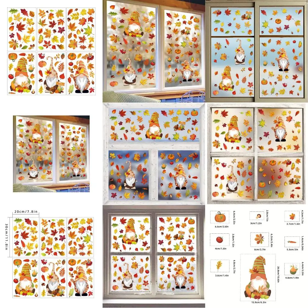 6 Sheets Autumn Thanksgiving Gnomes Window Clings Decal Fall Pumpkin Maple Electrostatic Stickers Glass Refrigerator Wall