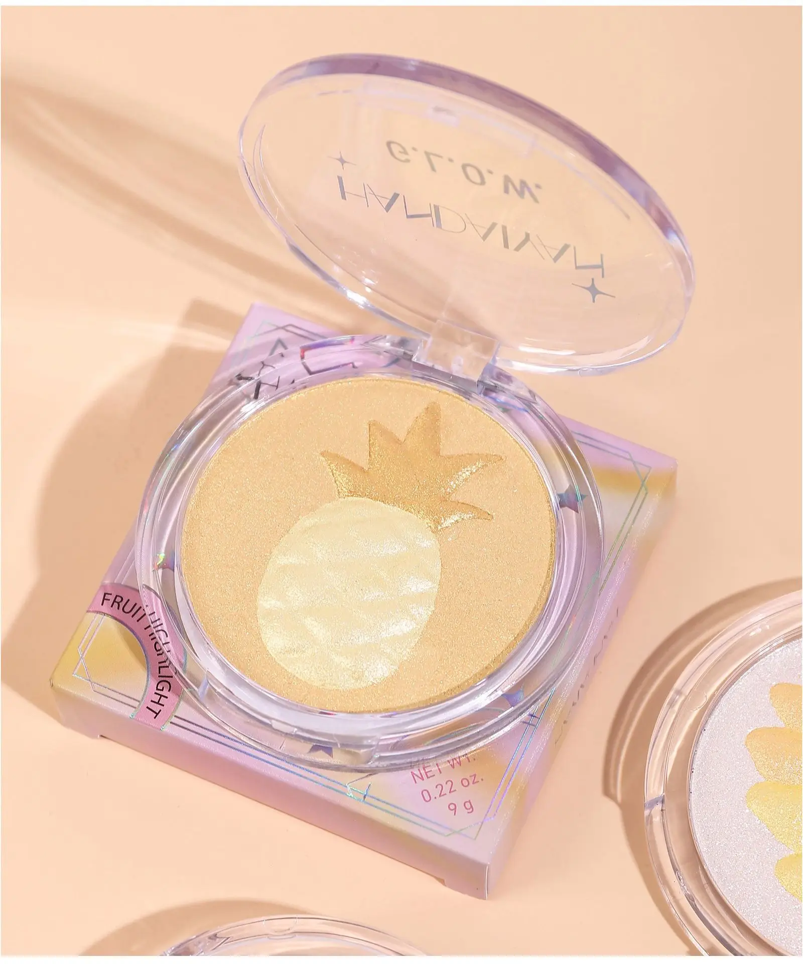 High Gloss Powder With Fruit Pattern 3d Diamond Glitter Highlighter Powder Cute Peach Pink Silver Facial Shadow Brightening