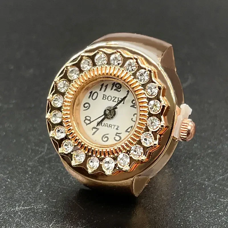إصبع كوارتز ساعة صغيرة شريط مرن سبيكة الساعات الإناث زهرة خواتم مجوهرات ساعة المرأة الماس البطانة ارتفع الذهب ساعة حلقة