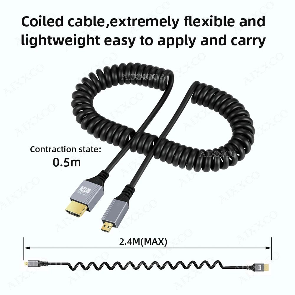 4K @ 60HZ Micro mini HDMI-Compatible a HDMI-Compatible Cable espiral Flexible macho a macho Cable de enchufe