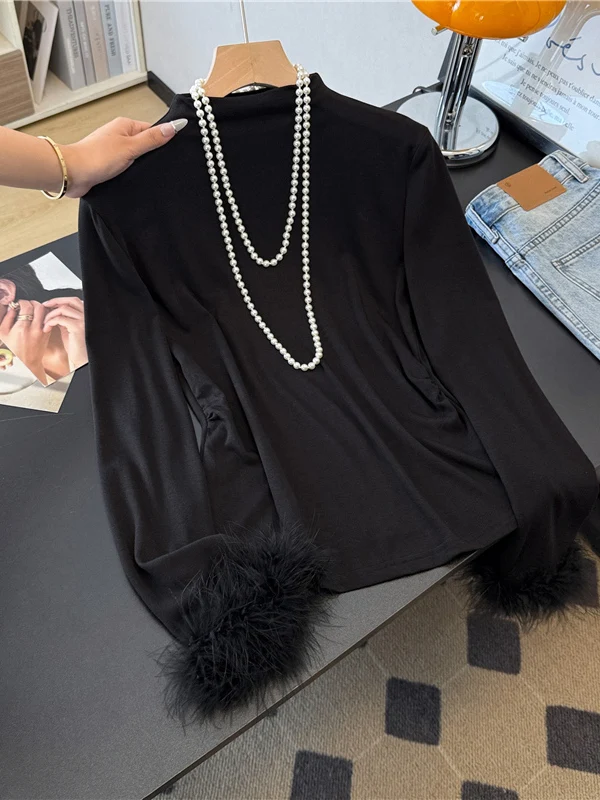 New Chinese Style Long Sleeve Base Shirt Half High Collar Furry Sleeve Slim Fit Fashionable Inner Wear T-Shirt Top for Women