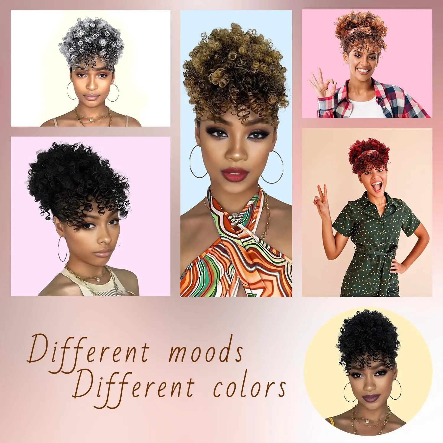 Ekstensi Rambut Afro Puff Drawstring Ponytail dengan Poni, Rambut Pendek Keriting untuk Wanita Kulit Hitam, Jepit Rambut Keriting, Poni untuk Gaya Rambut Updo