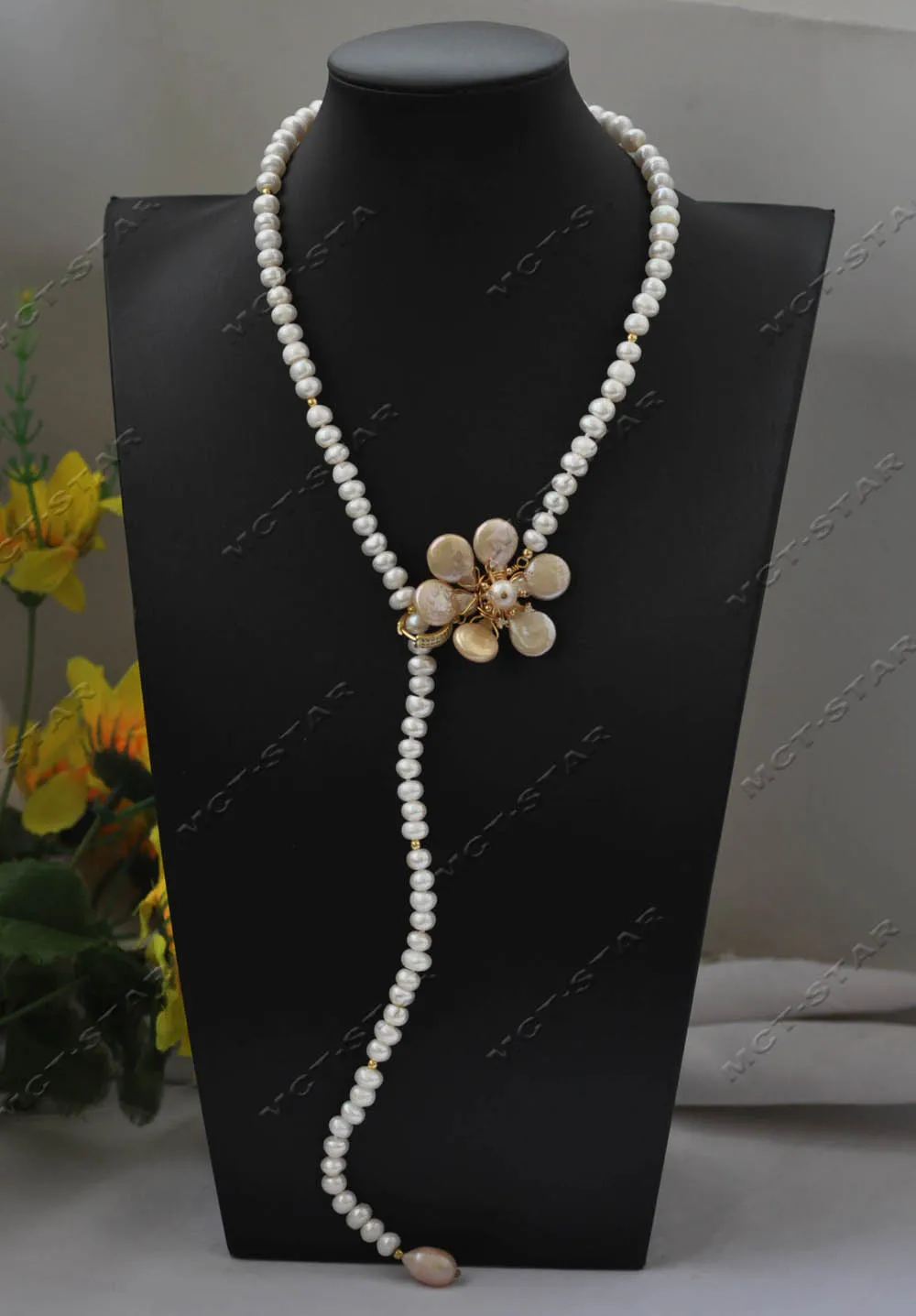 Z13398 23'' White Rondelle Pearl Coin Handmade Pink Flower Necklace Pendant Custom Jewelry