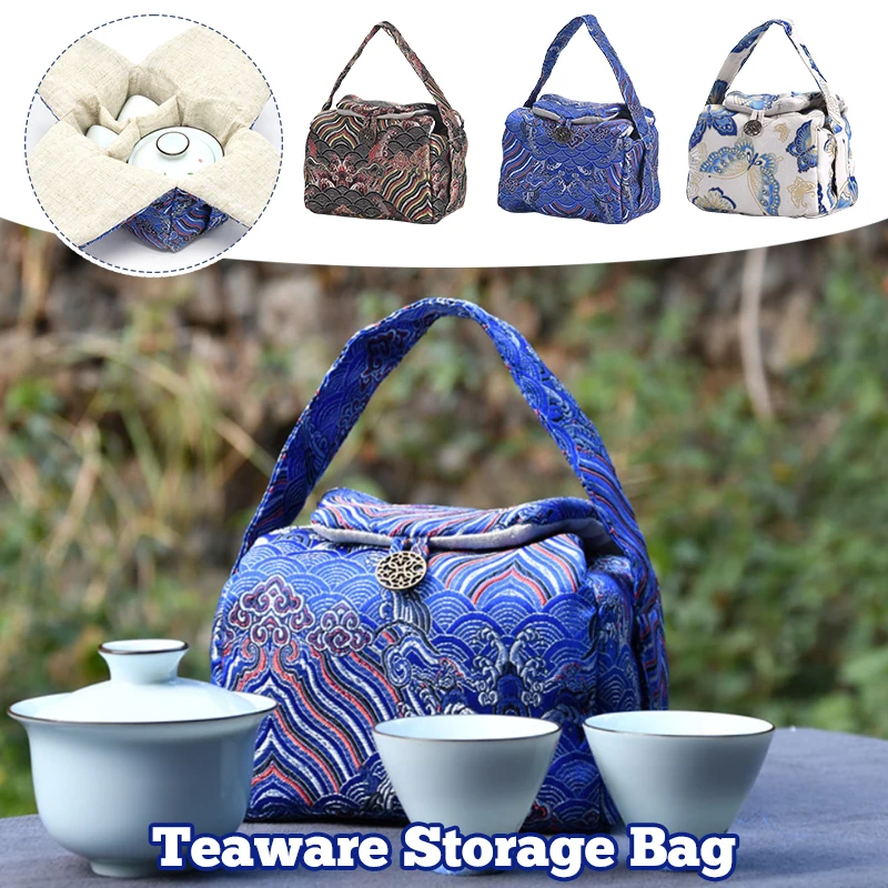 Vintage Teaware Storage Travel Bag Fabric Thickened Protective Tea Set Organizer Outdoor Portable Bag for One Teapot+Two Teacups view 3