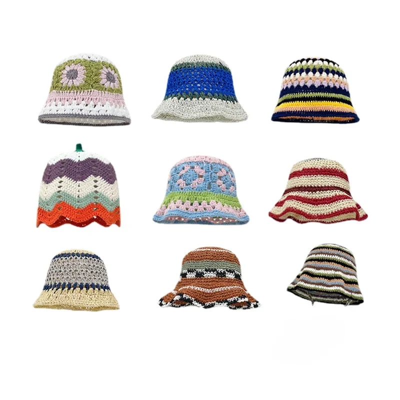 INS Retro Hollow Cherry Handmade Knitted Flower Fisherman Hats for Women Spring Summer Sweet Casual Bucket Bob Cap Sombrero — zdjęcie 2