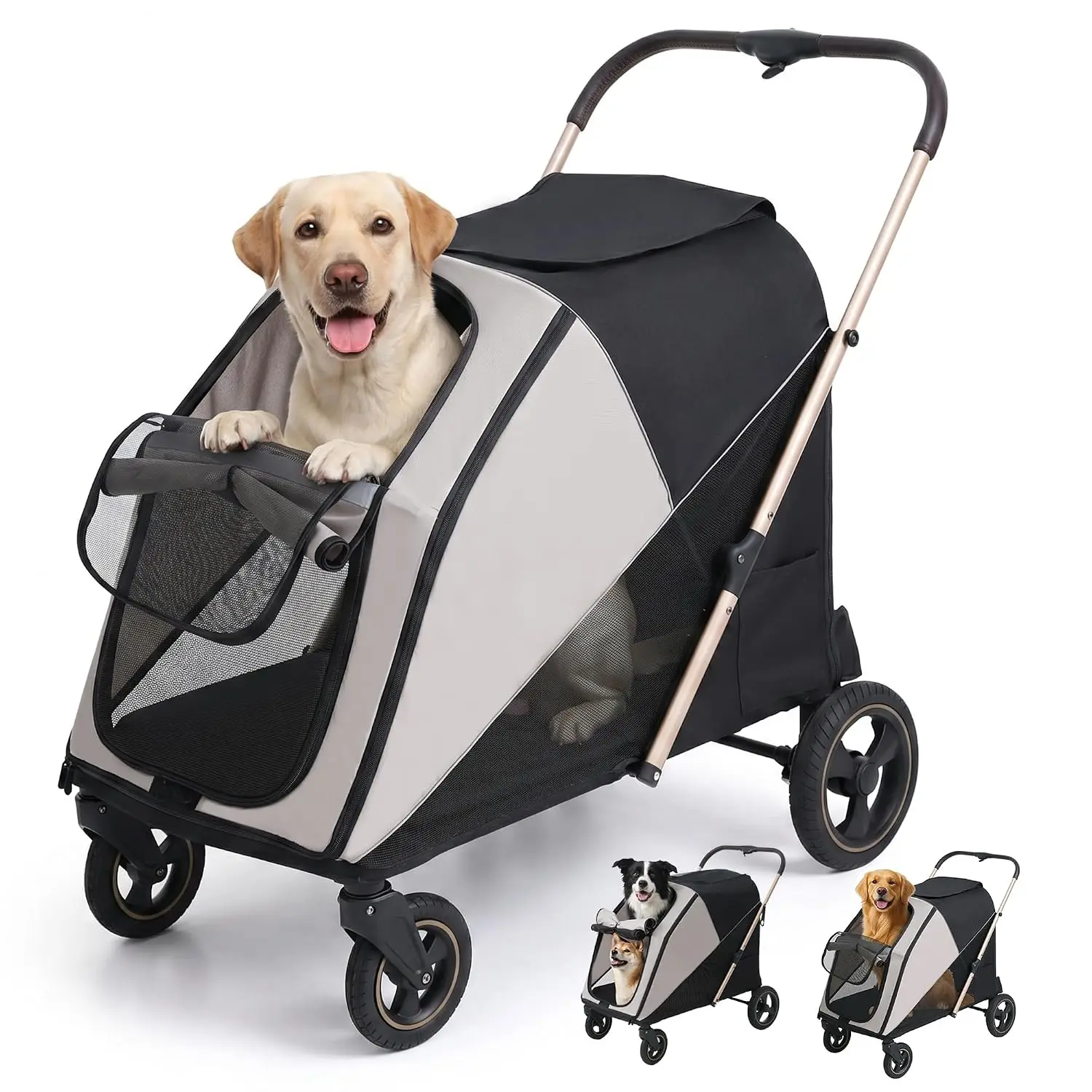 Dog Stroller for Large & Medium Dogs, One-Click Folding 4 Wheel Pet Stroller for Large Dogs up to 80lbs, Easy Fold Dual Entry wi
