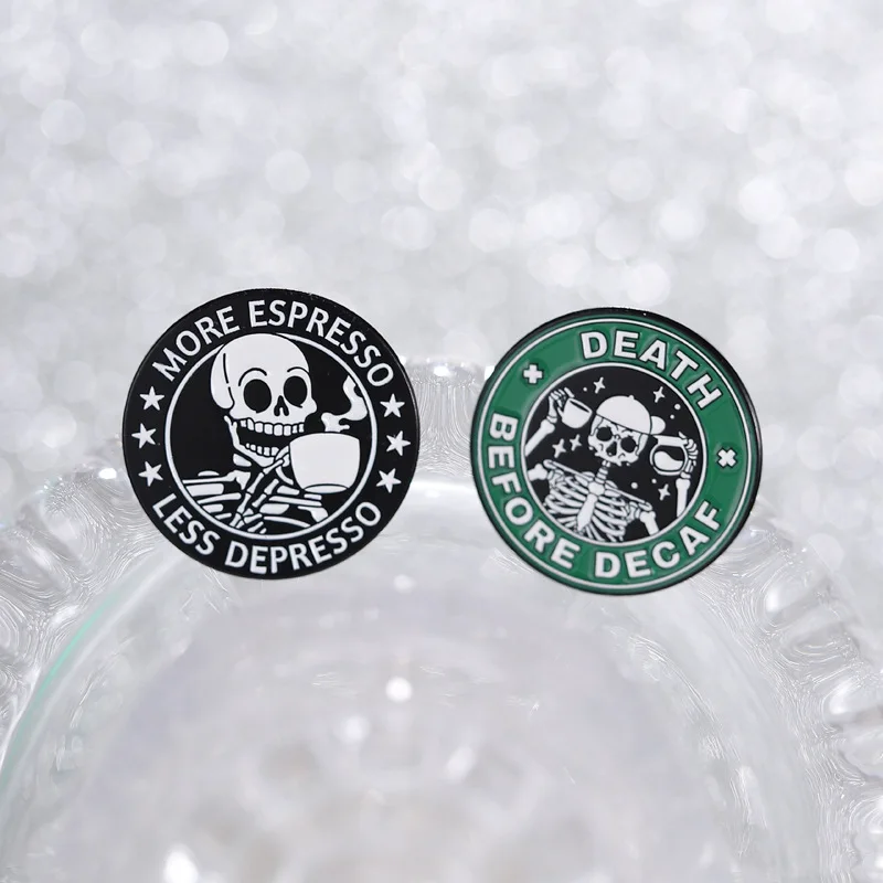 Coffee Theme Badge Brooch Pins Horror Skeleton Skull Coffee-Drinking Pattern Enamel Lapel Pin Accessory On Backpack Clothing Orn