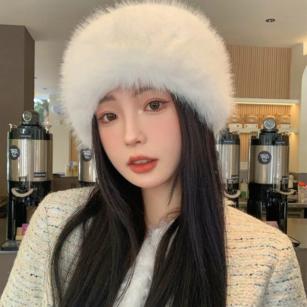 HOT Women's Winter Fluffy Fur Russian Hat Ear Protection Snow Ski Cap Panama Basin Cap Lady Faux Fox Beanies Plush Fisherman Hat