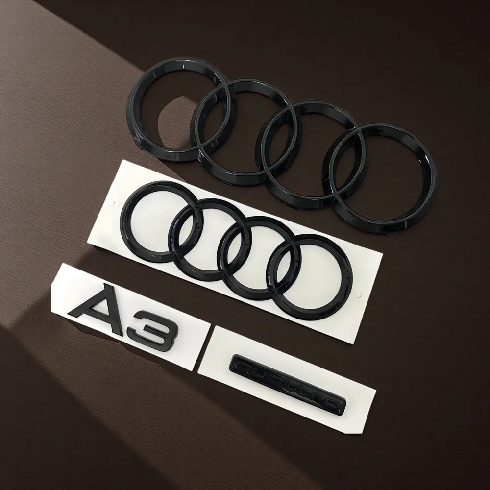 לאאודי 2010-2020, יחידה אחת, סמל 4 טבעות ABS שחור, סמל למכסה מנוע קדמי, גריל, סמל לתא מטען אחורי, מדבקה, סמל A3, סמל קוואטרו.