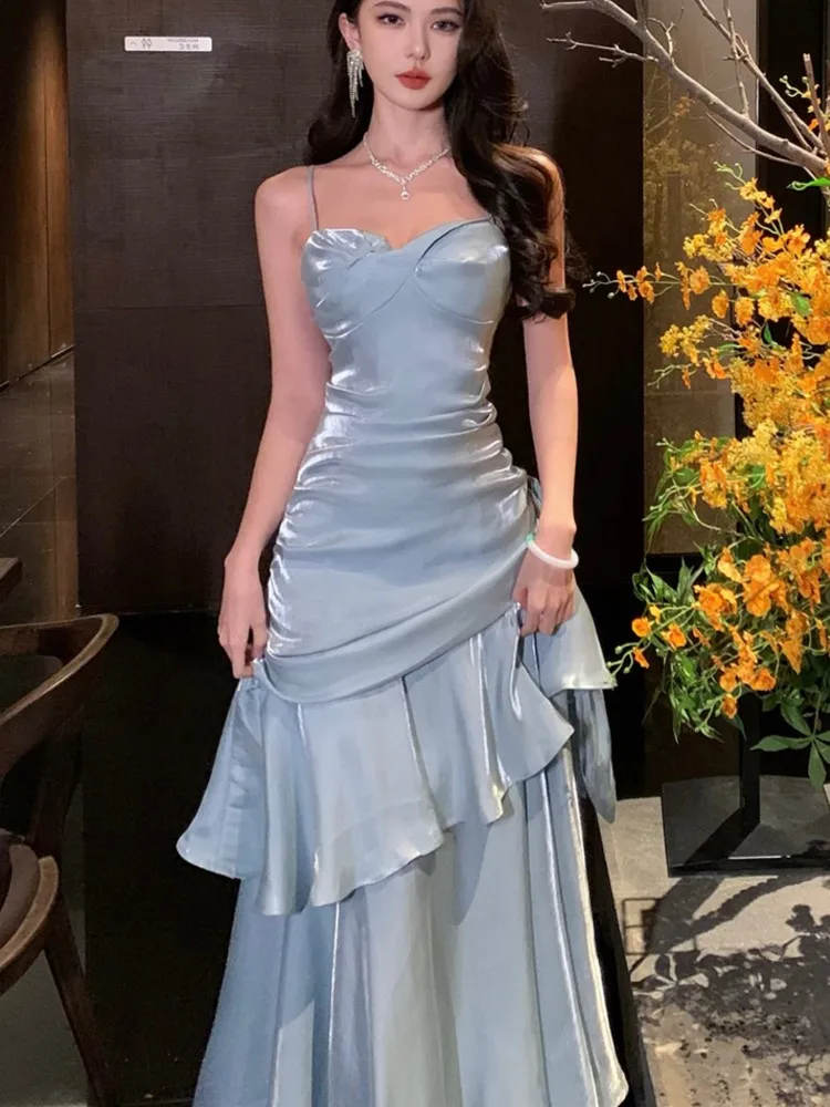 우아한 로맨틱 파티 여성 스파게티 스트랩 드레스 여성 블루 프릴 슬림 피트 인어 드레스 세련된 연회 공식 가운