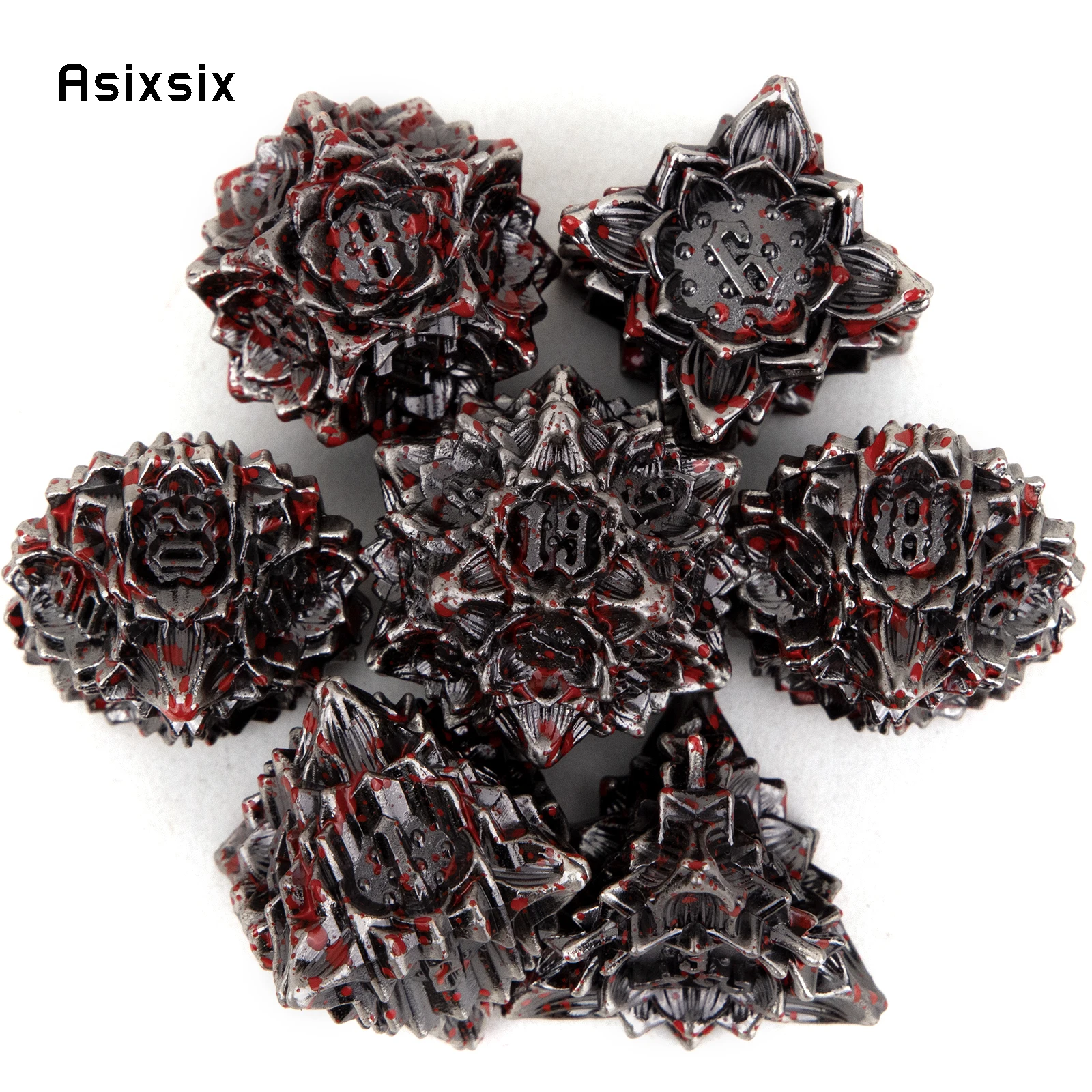 7 Pcs Silver Red Lotus Flower  Metal Dice Solid Metal Polyhedral Dice Set Suitable for Role-Playing RPG  Board Game Card Game